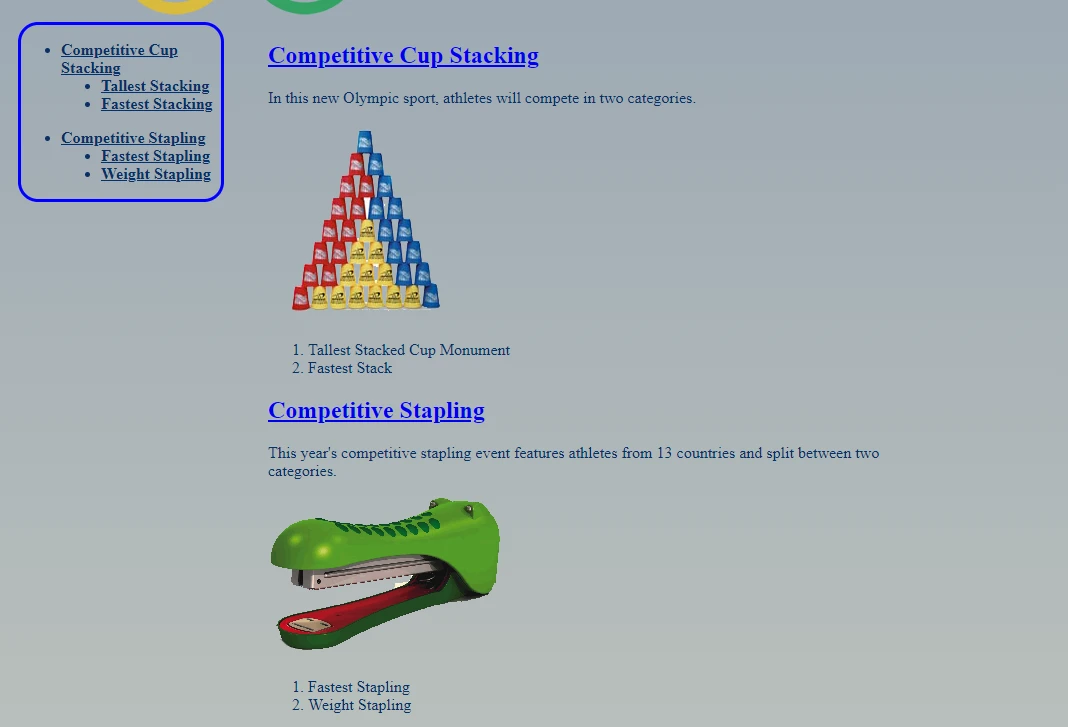 Interactive page of olympic events