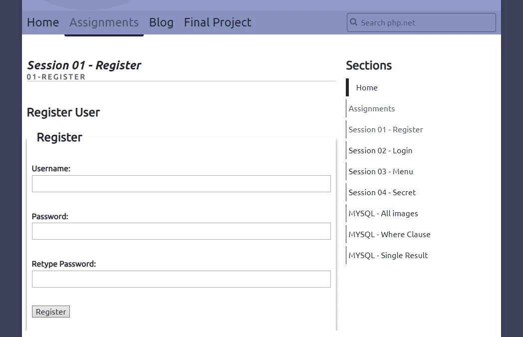 Image of a registration form created using HTML and PHP.