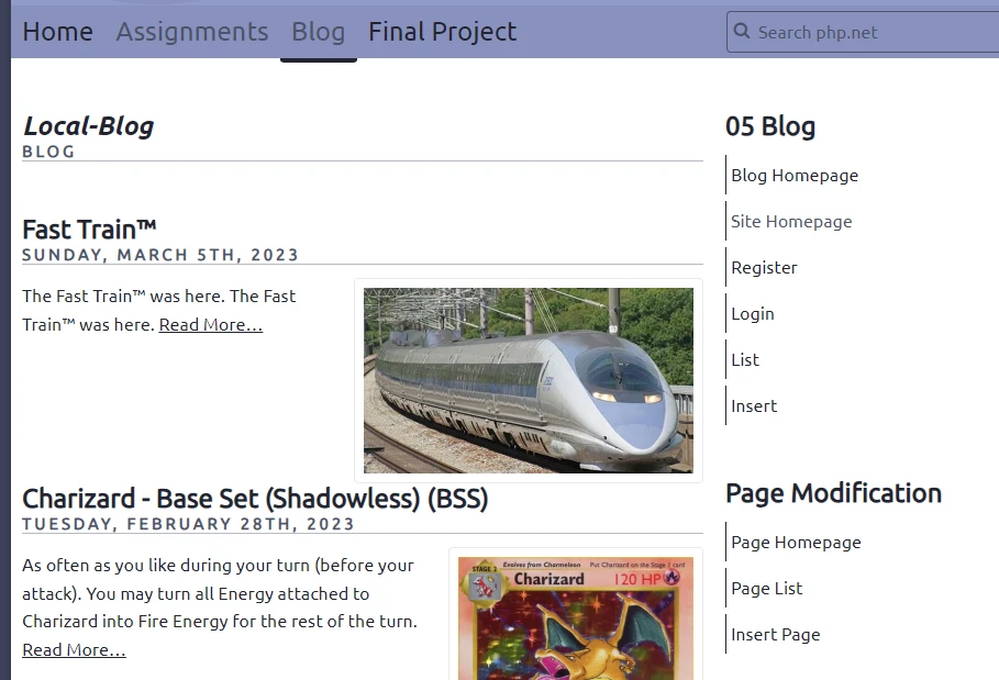 Image of the blog on the site, with pages implemented using PHP and HTML.