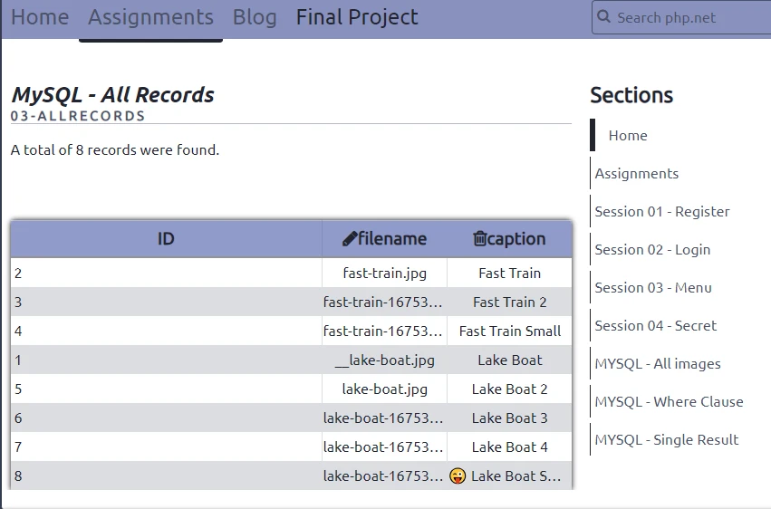 Image of a list of images in a database, built using SQL and PHP.